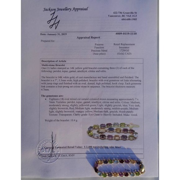 Real 14K Solid Gold Bracelet, Natural Multicolor Gemstones Appraisal Certificate - Picture 6 of 6